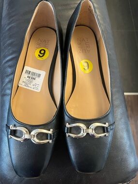 Naturalizer Black Leather Square-Toe Flats with Silver Horsebit Accent